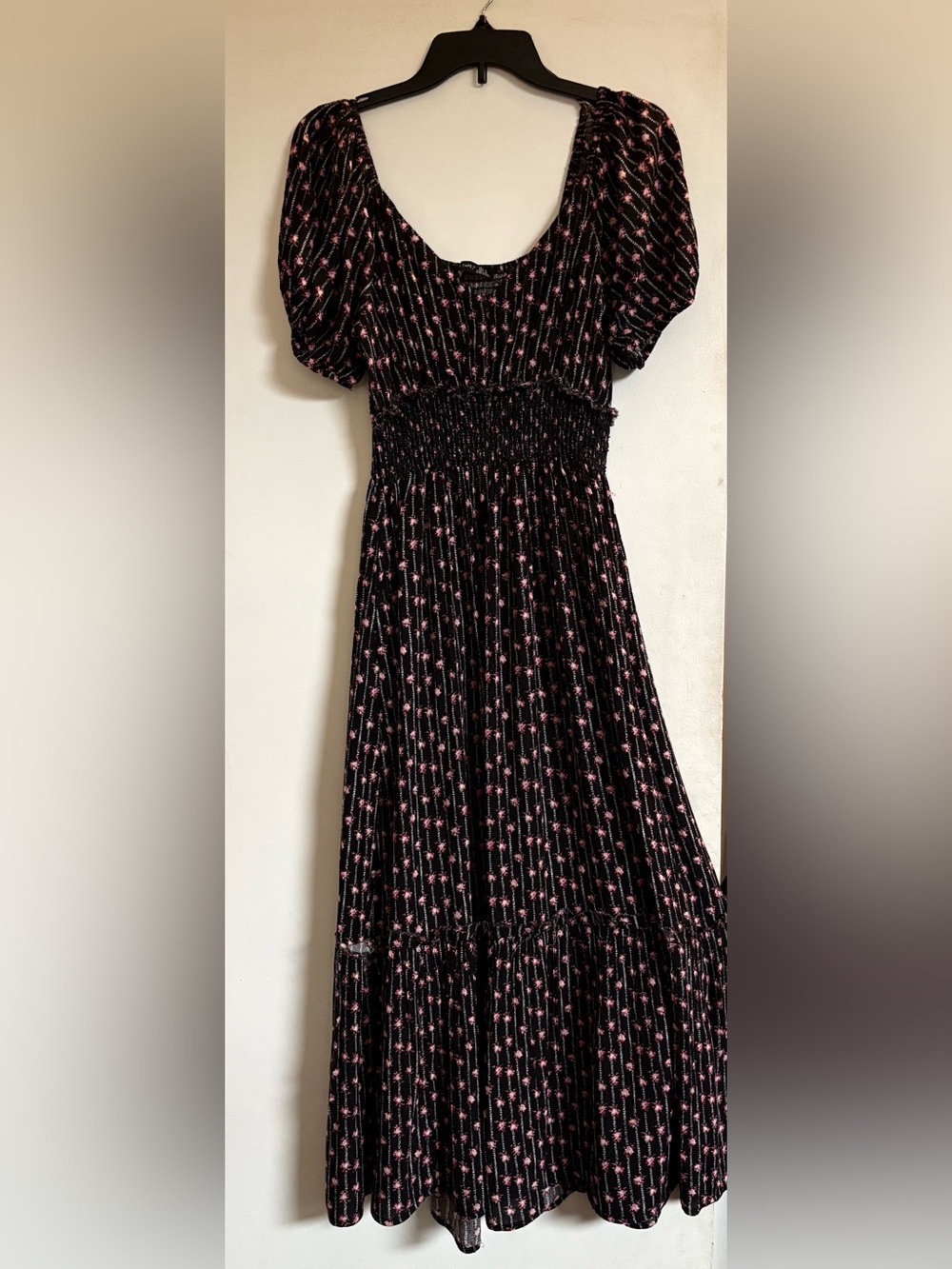 Smocked Waist Black Maxi Dress with Pink Floral Print Size M